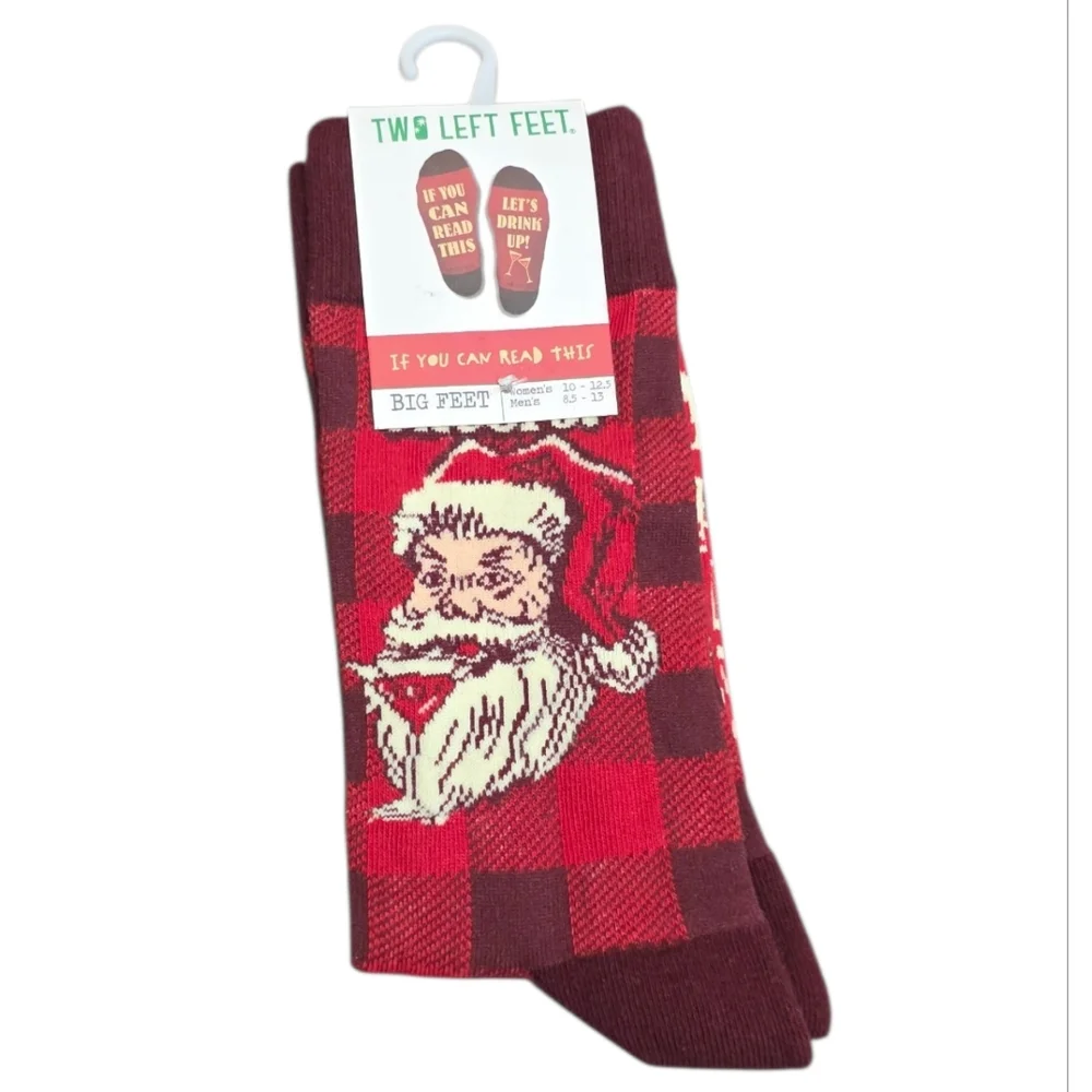 ❤️2/$12 NEW Two Left Feet Funny Santa “Let’s Drink Up” Big Feet Christmas Socks